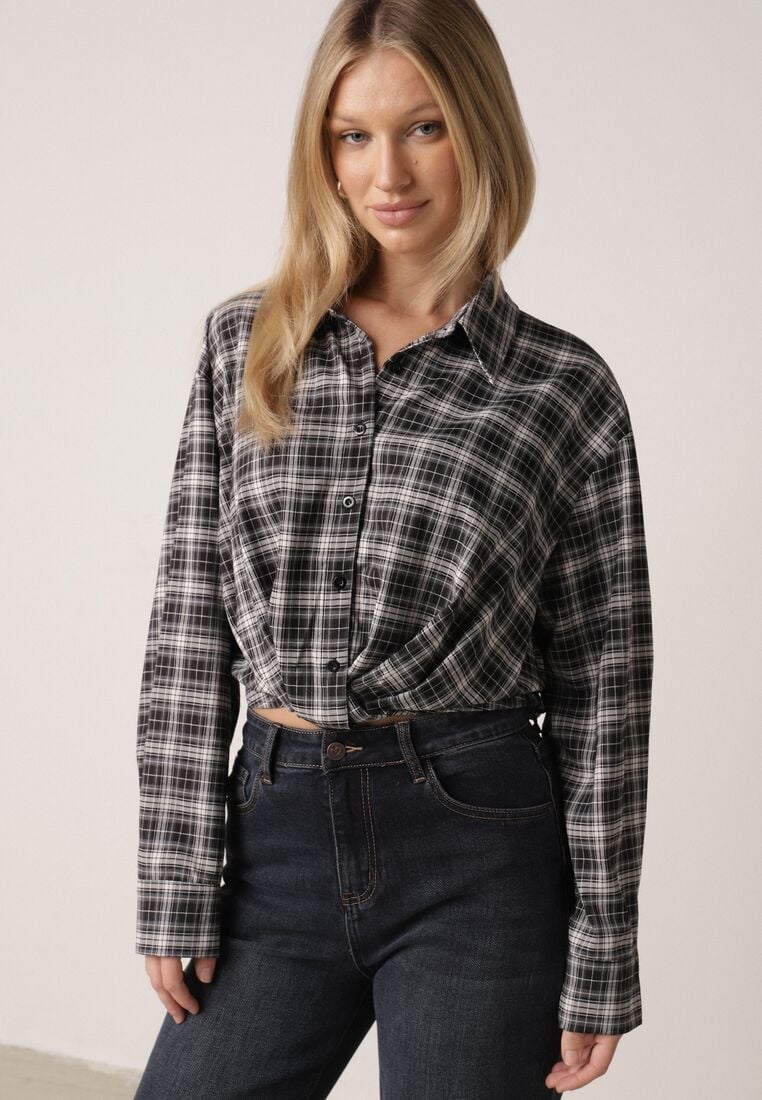 Czarna Krótka Bawełniana Koszula w Kratę z Marszczeniem Wenatia 4