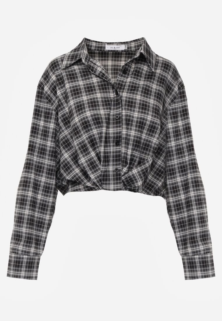 Czarna Krótka Bawełniana Koszula w Kratę z Marszczeniem Wenatia 6