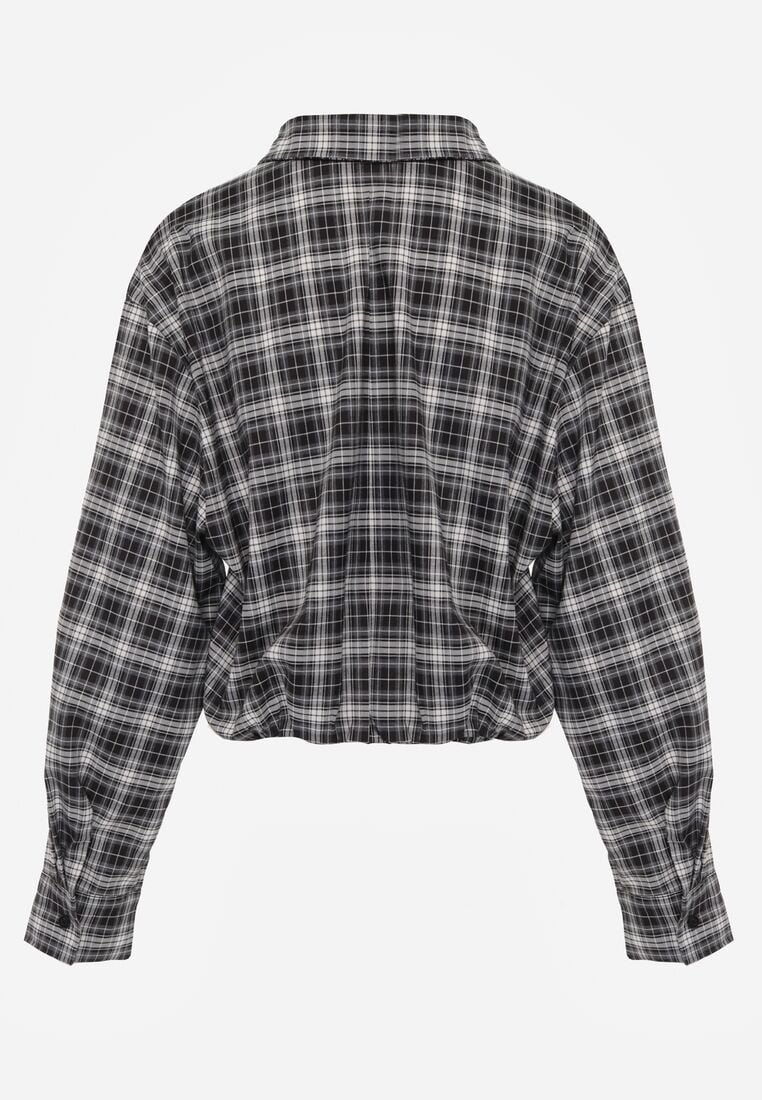 Czarna Krótka Bawełniana Koszula w Kratę z Marszczeniem Wenatia 7