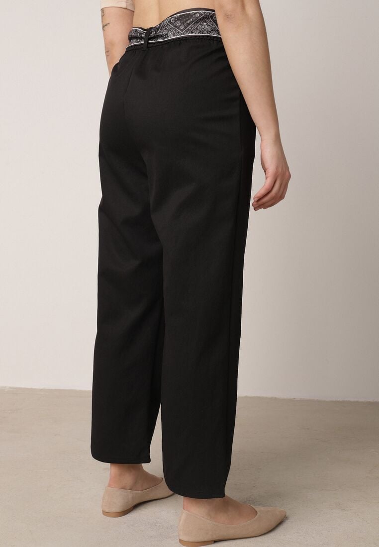 Czarne Eleganckie Spodnie z Bawełny i Wiskozy z Materiałowym Paskiem-Apaszką Vetina 3