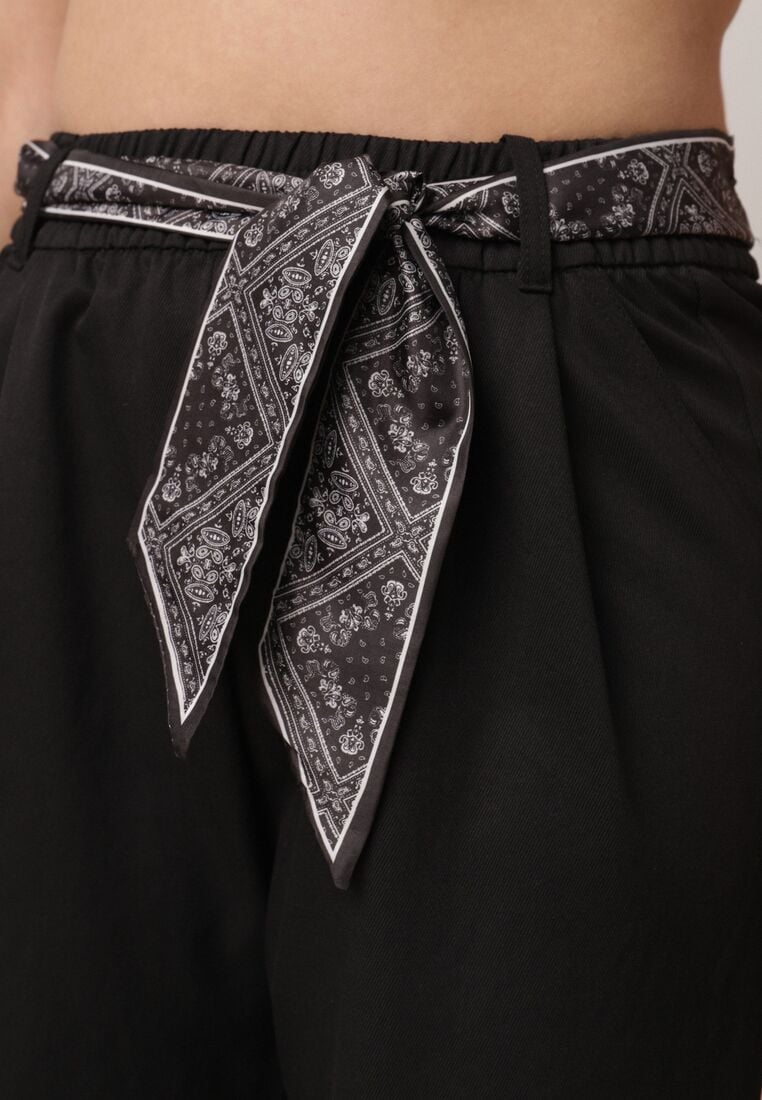 Czarne Eleganckie Spodnie z Bawełny i Wiskozy z Materiałowym Paskiem-Apaszką Vetina 5