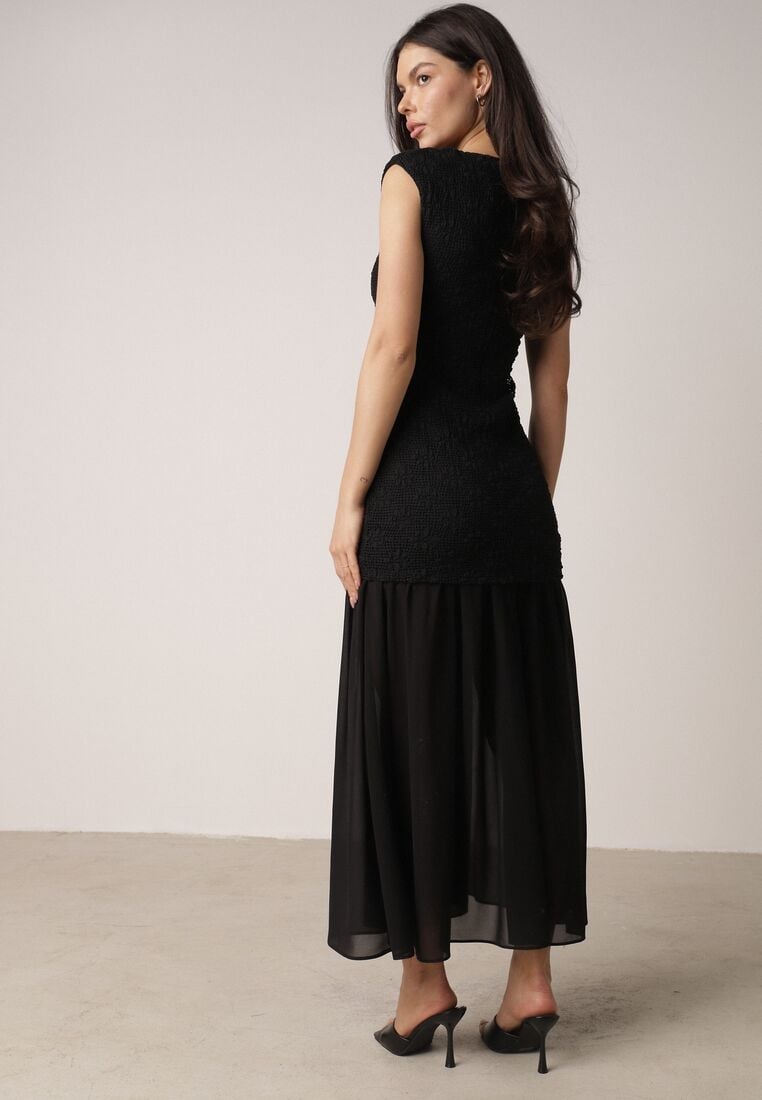 Czarna Sukienka Ażurowa z Usztywnioną Linią Ramion i Przezroczystym Dołem Semiriel 3