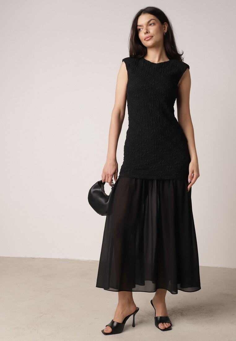 Czarna Sukienka Ażurowa z Usztywnioną Linią Ramion i Przezroczystym Dołem Semiriel 4