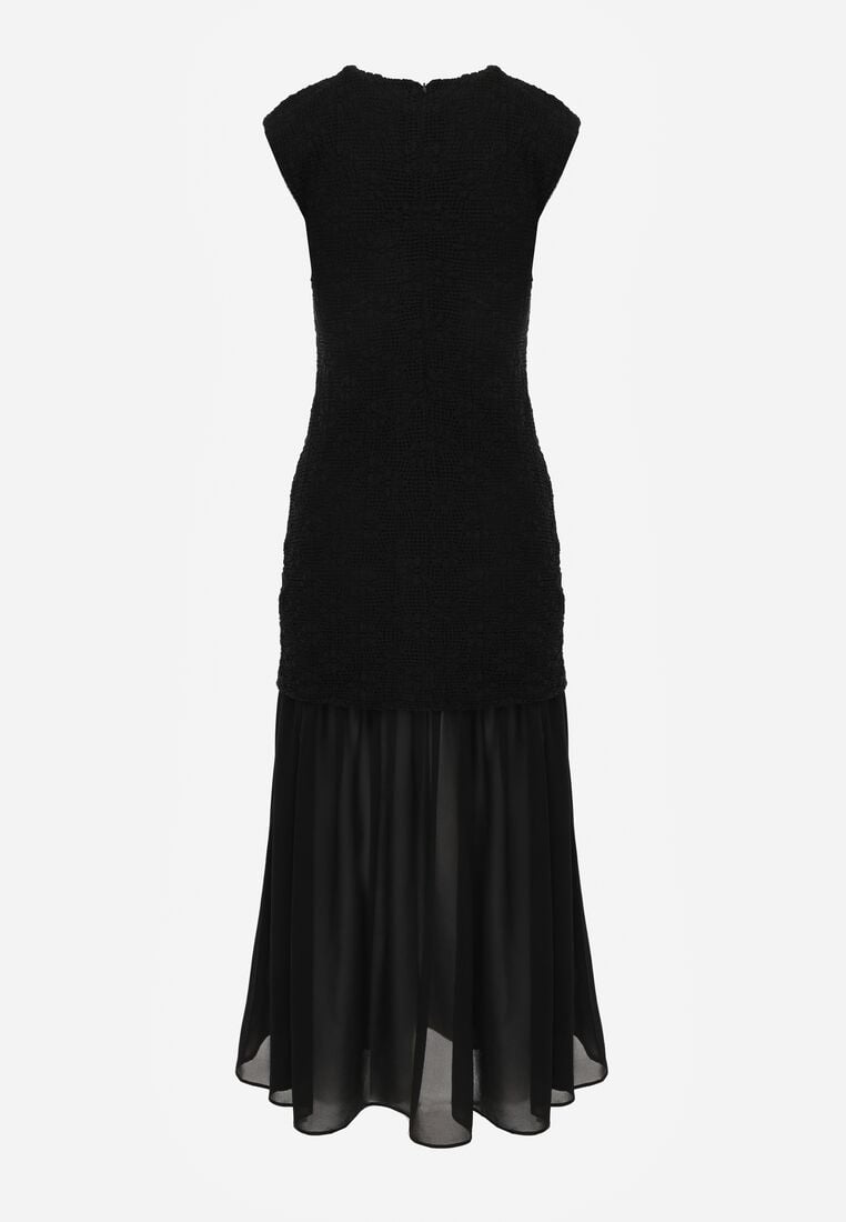 Czarna Sukienka Ażurowa z Usztywnioną Linią Ramion i Przezroczystym Dołem Semiriel 7