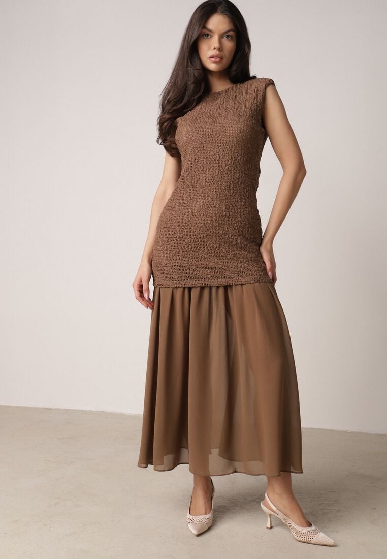 Brązowa Sukienka Ażurowa z Usztywnioną Linią Ramion i Przezroczystym Dołem Semiriel 1