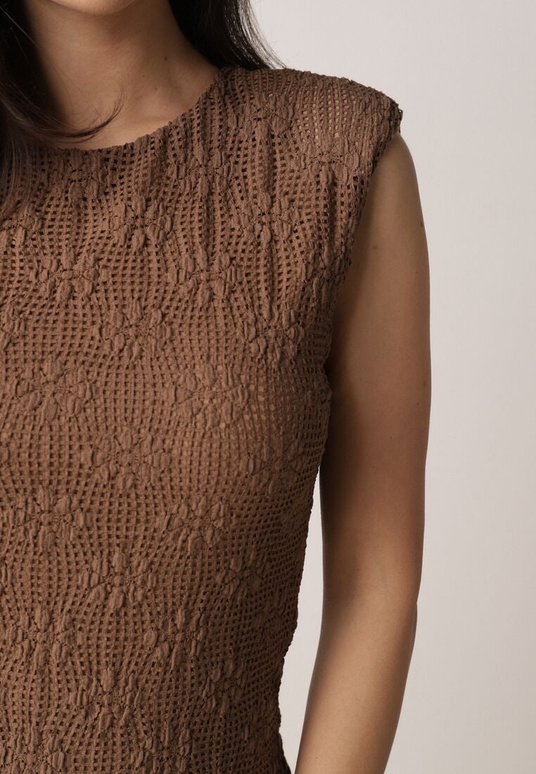 Brązowa Sukienka Ażurowa z Usztywnioną Linią Ramion i Przezroczystym Dołem Semiriel 5