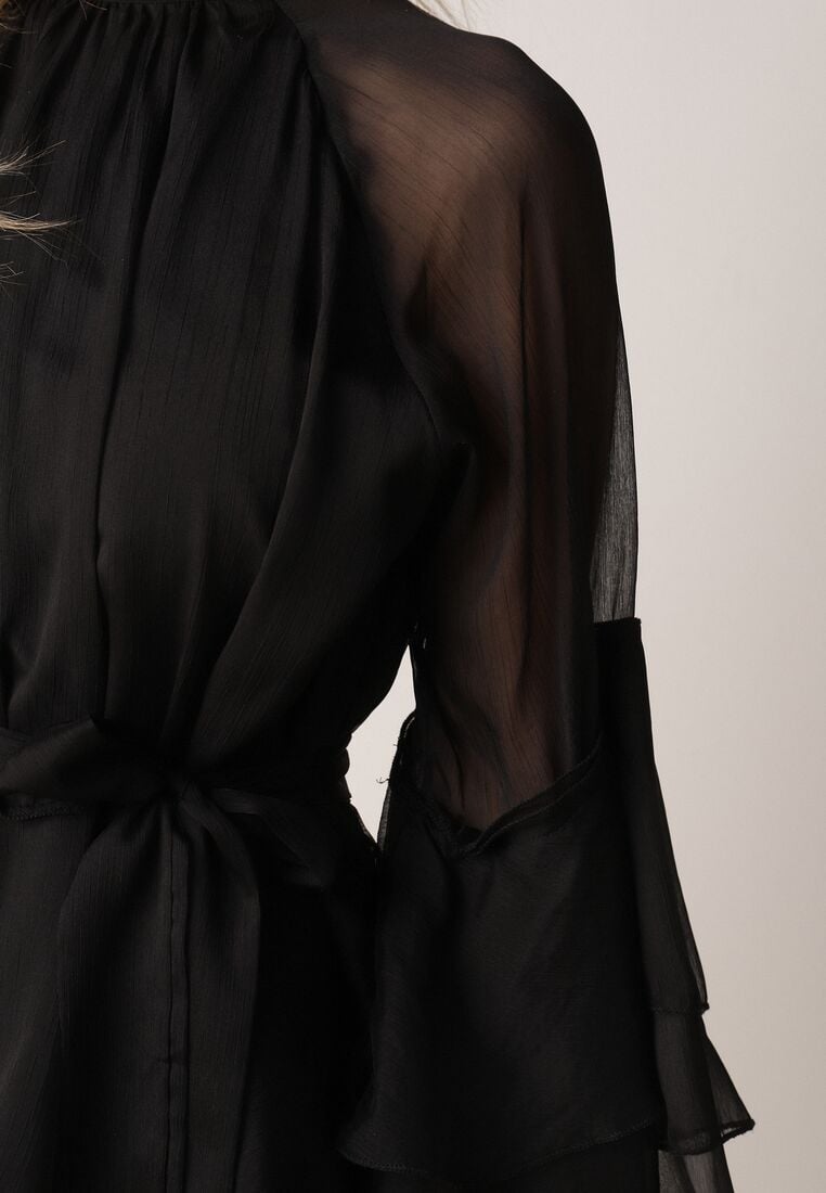 Czarna Sukienka z Eterycznymi Falbanami i Wiązanym Paskiem Rivaniah 5