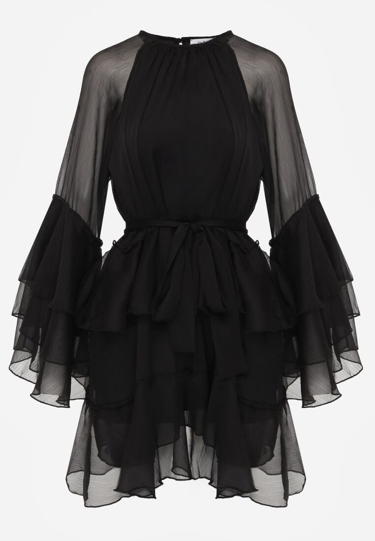 Czarna Sukienka z Eterycznymi Falbanami i Wiązanym Paskiem Rivaniah 6