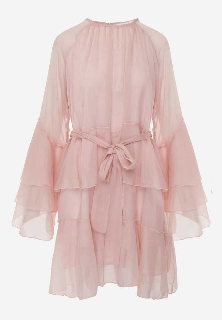 Różowa Sukienka z Eterycznymi Falbanami i Wiązanym Paskiem Rivaniah 6