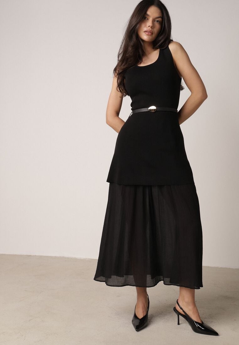 Czarna Dwuwarstwowa Sukienka Dzianinowa z Wiskozą i Paskiem z Klamrą Arkesia 1