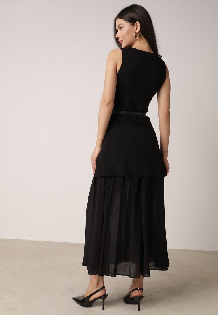 Czarna Dwuwarstwowa Sukienka Dzianinowa z Wiskozą i Paskiem z Klamrą Arkesia 3