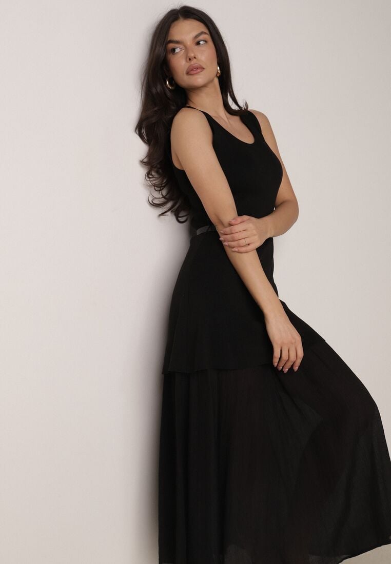 Czarna Dwuwarstwowa Sukienka Dzianinowa z Wiskozą i Paskiem z Klamrą Arkesia 4