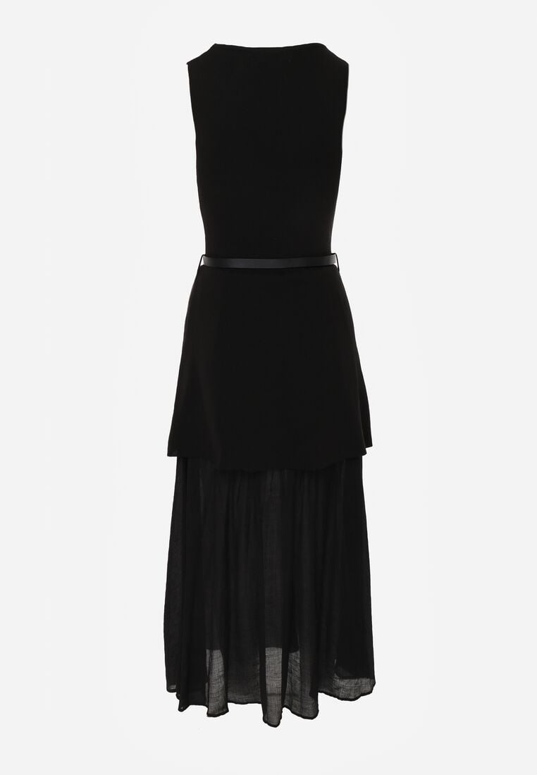 Czarna Dwuwarstwowa Sukienka Dzianinowa z Wiskozą i Paskiem z Klamrą Arkesia 7