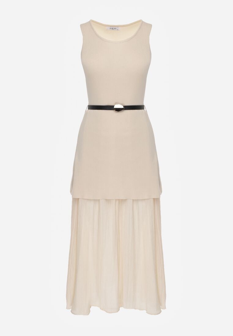 Beżowa Dwuwarstwowa Sukienka Dzianinowa z Wiskozą i Paskiem z Klamrą Arkesia 6