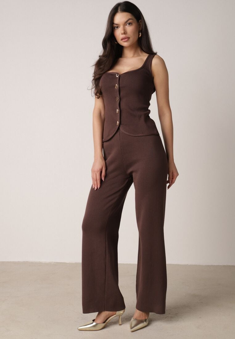 Brązowy Dzianinowy Komplet z Wiskozą Spodnie i Bluzka na Ramiączkach Merissani 1