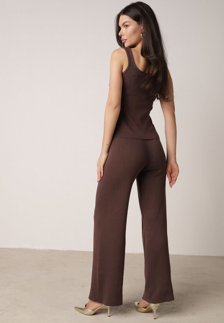 Brązowy Dzianinowy Komplet z Wiskozą Spodnie i Bluzka na Ramiączkach Merissani 3