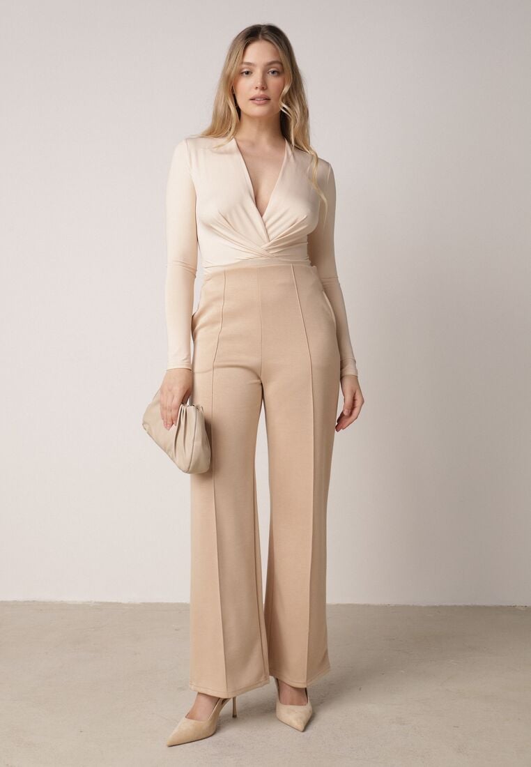 Beżowe Eleganckie Spodnie z Bawełny i Wiskozy w Kant Valelia 1
