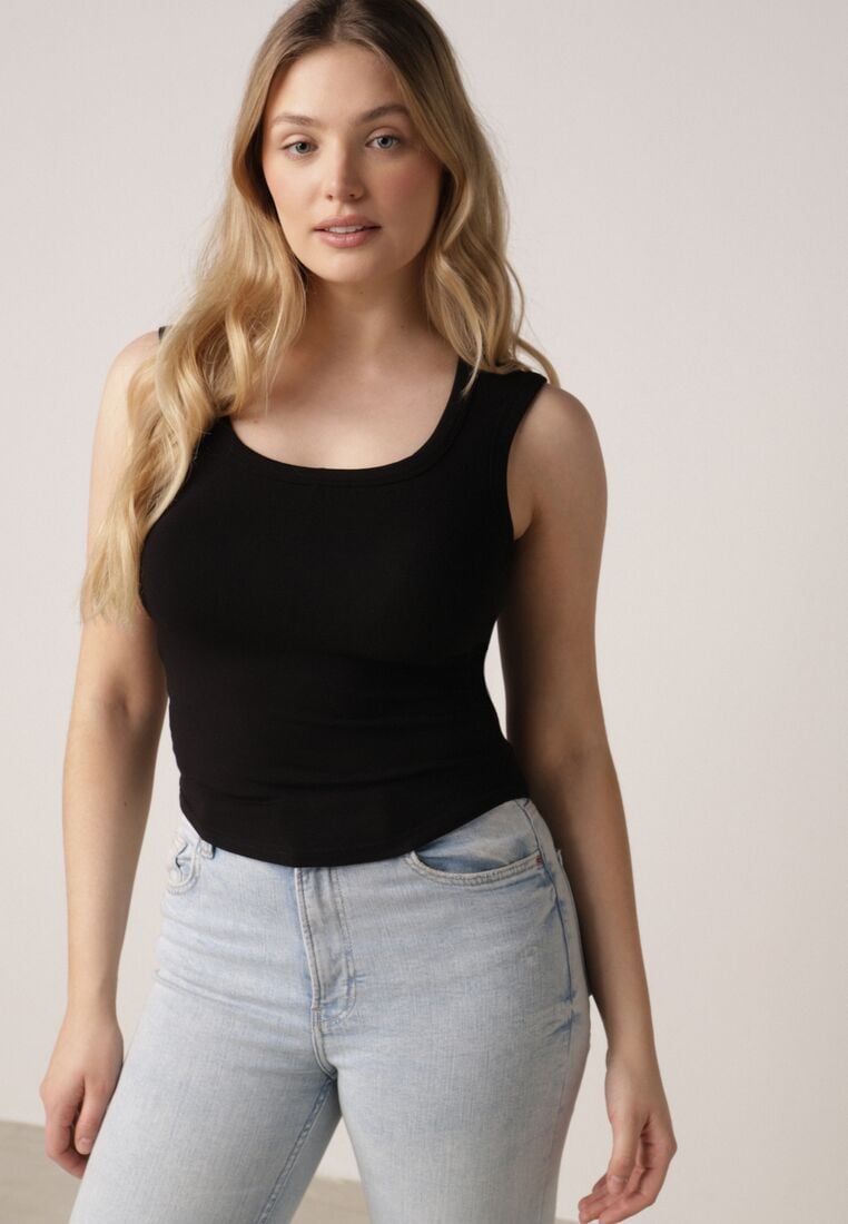 Czarny Dopasowany Top Bez Rękawów z Wiskozy z Kwadratowym Dekoltem Madu 1