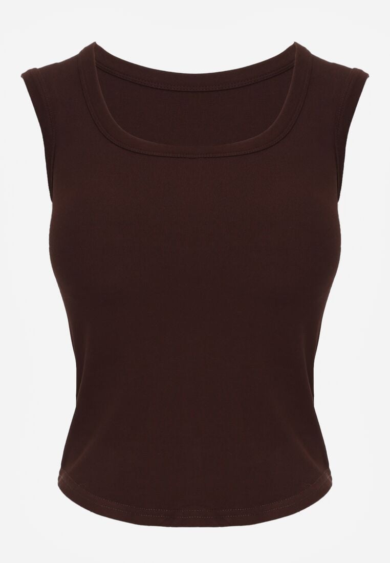 Brązowy Dopasowany Top Bez Rękawów z Wiskozy z Kwadratowym Dekoltem Madu 6