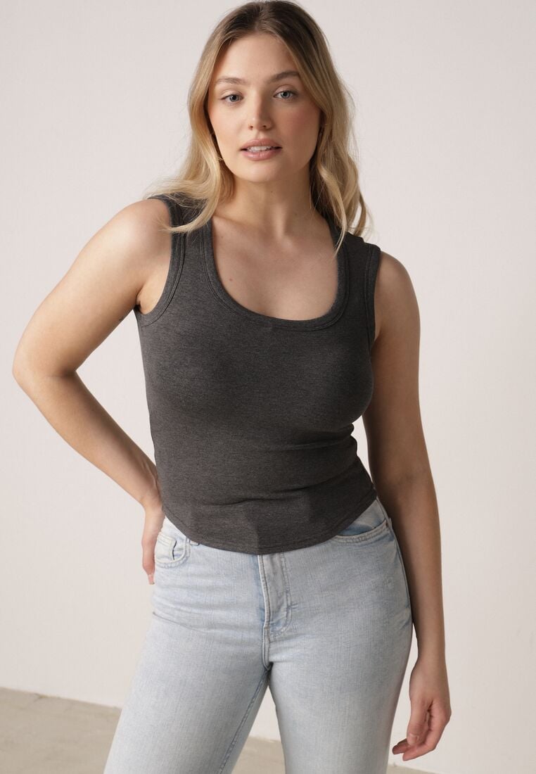 Szary Dopasowany Top Bez Rękawów z Wiskozy z Kwadratowym Dekoltem Madu 1