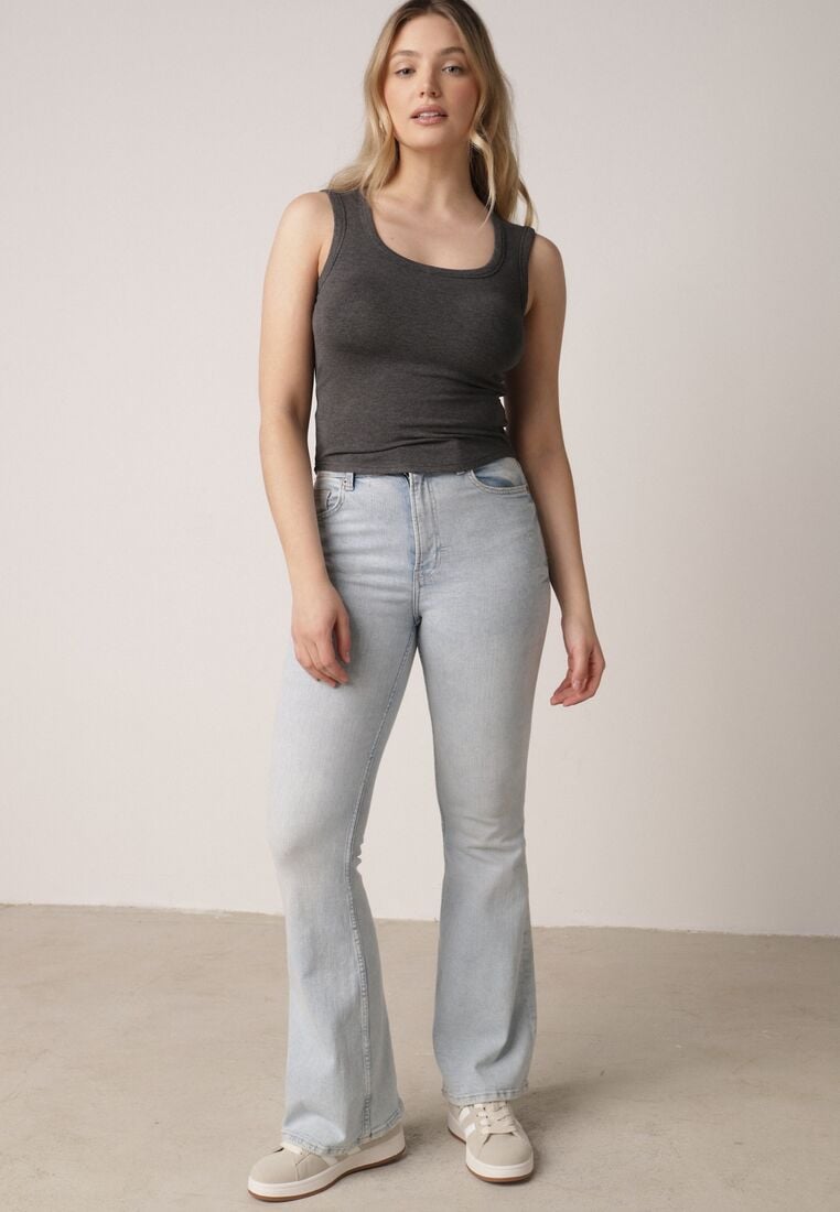 Szary Dopasowany Top Bez Rękawów z Wiskozy z Kwadratowym Dekoltem Madu 2