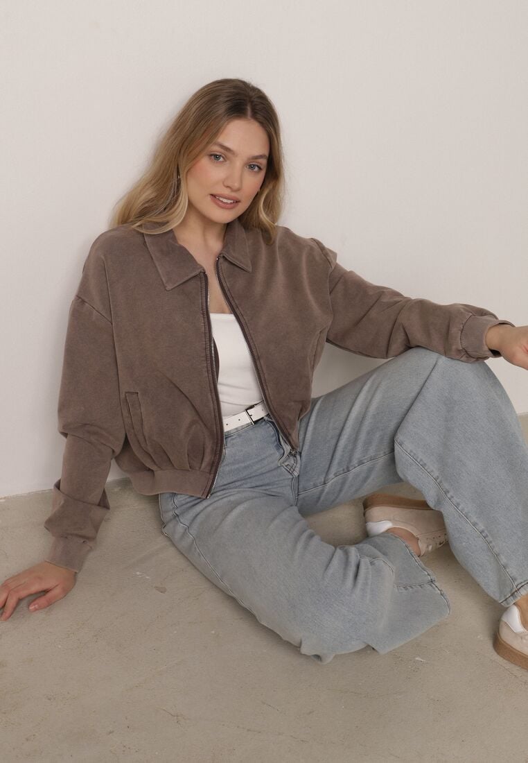 Beżowa Bawełniana Bluza Bomberka o Kroju Oversize z Kołnierzem Viminala 1