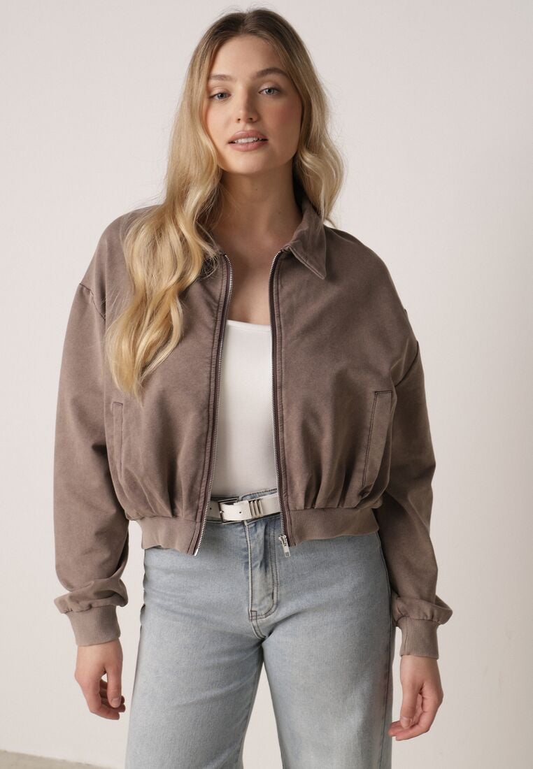 Beżowa Bawełniana Bluza Bomberka o Kroju Oversize z Kołnierzem Viminala 4