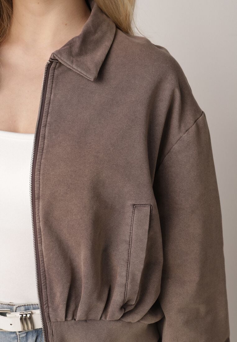 Beżowa Bawełniana Bluza Bomberka o Kroju Oversize z Kołnierzem Viminala 5