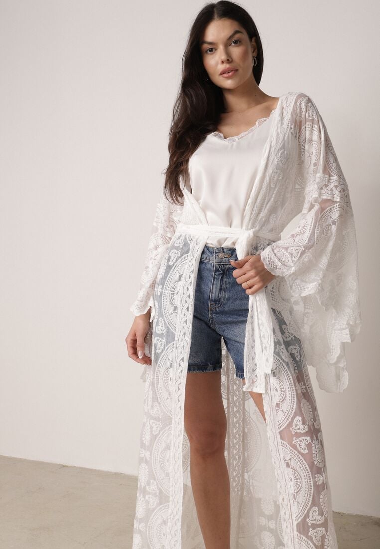 Biały Kardigan Ażurowa Narzutka z Materiałowym Paskiem Arisstea 1