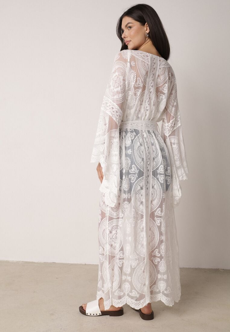 Biały Kardigan Ażurowa Narzutka z Materiałowym Paskiem Arisstea 3