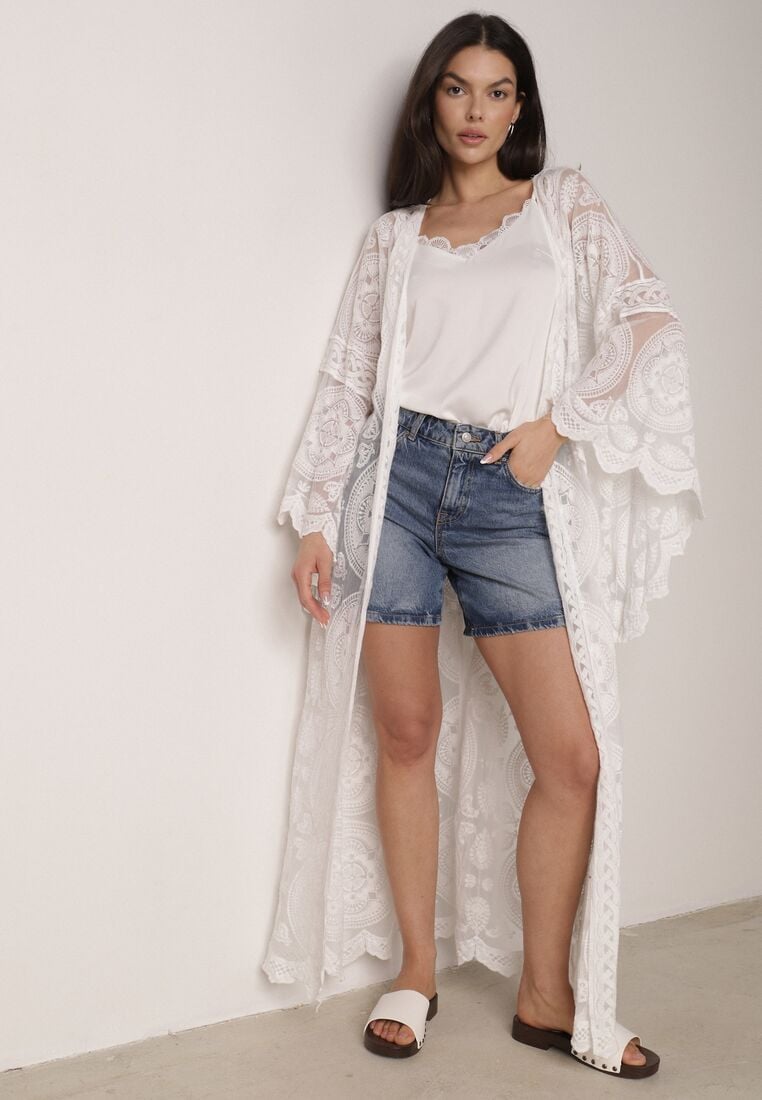 Biały Kardigan Ażurowa Narzutka z Materiałowym Paskiem Arisstea 4