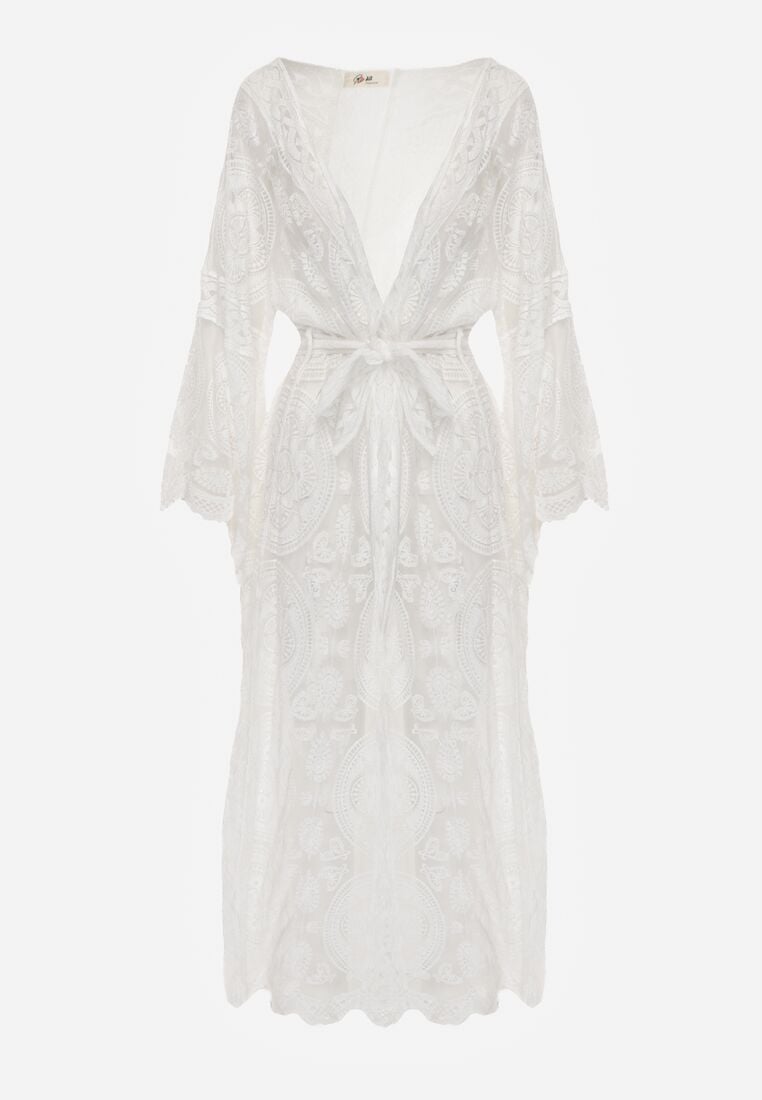 Biały Kardigan Ażurowa Narzutka z Materiałowym Paskiem Arisstea 6