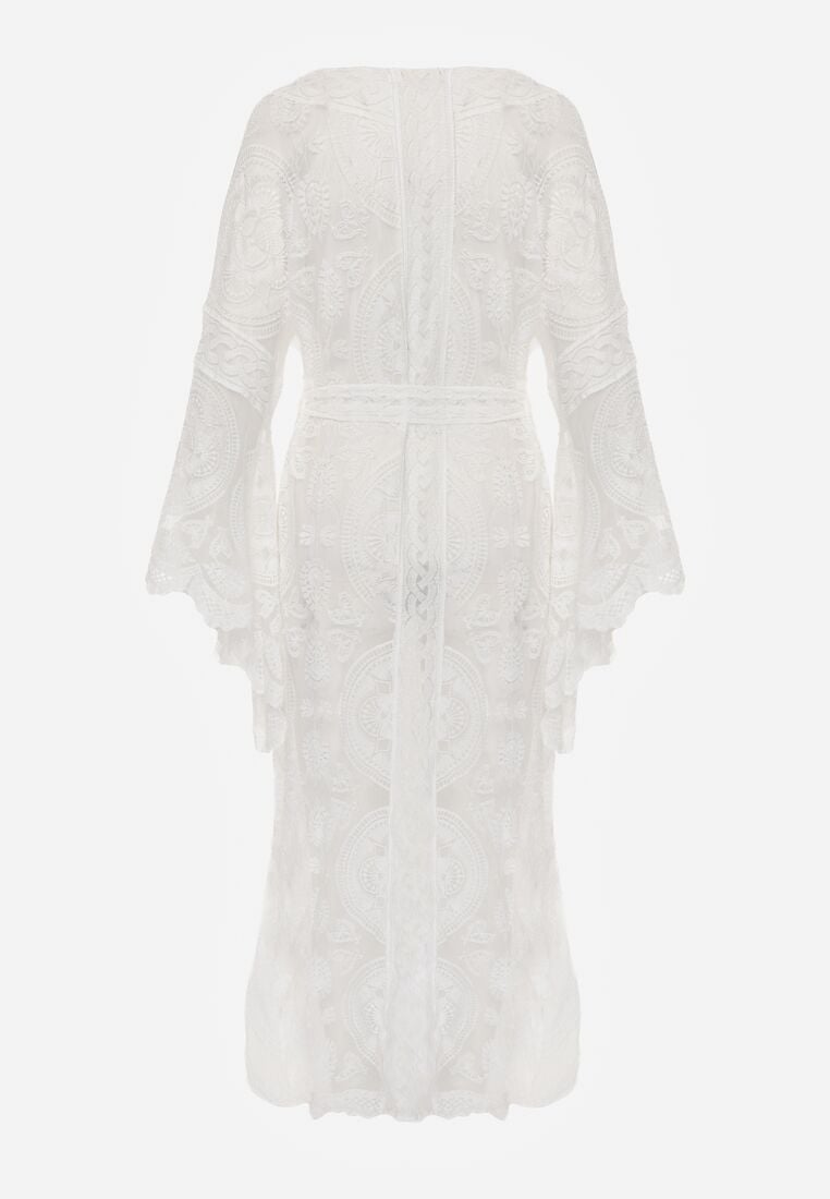 Biały Kardigan Ażurowa Narzutka z Materiałowym Paskiem Arisstea 7