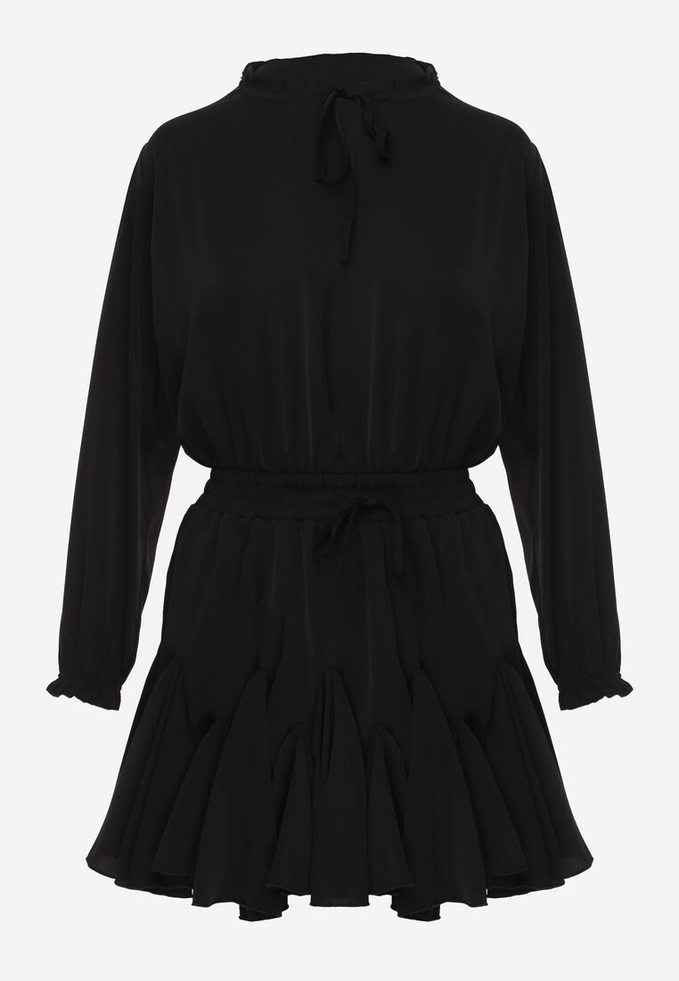 Czarna Rozkloszowana Sukienka z Wiskozą Zdobiona Falbanami i Wiązaniem Lerienatia 6