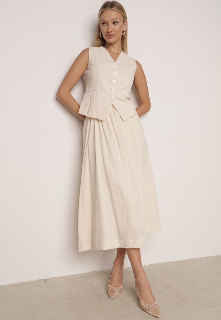 Beżowy Bawełniany Komplet Rozkloszowana Spódnica i Kamizelka Moveina 1