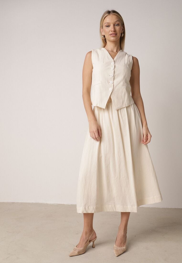 Beżowy Bawełniany Komplet Rozkloszowana Spódnica i Kamizelka Moveina 4