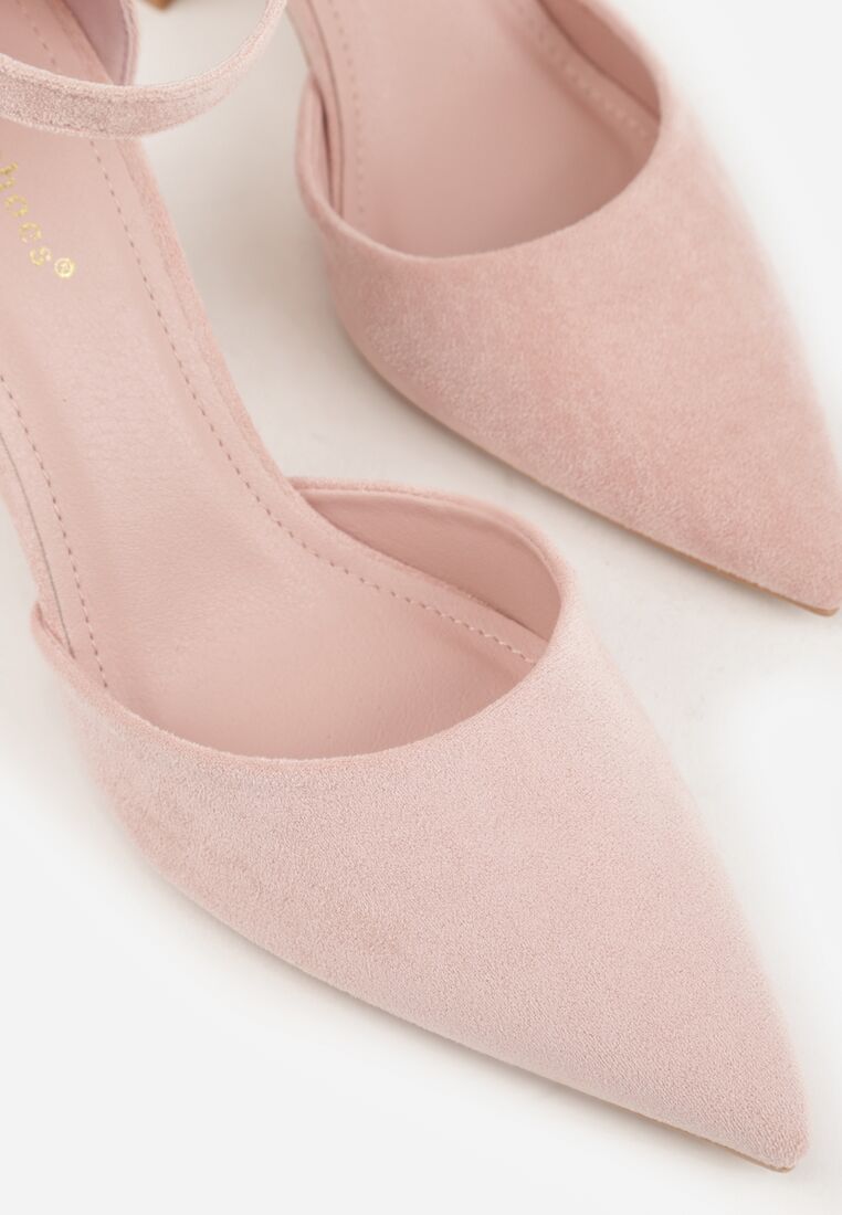 Różowe Czółenka z Imitacji Zamszu na Słupku z Noskiem w Szpic Violetto 9