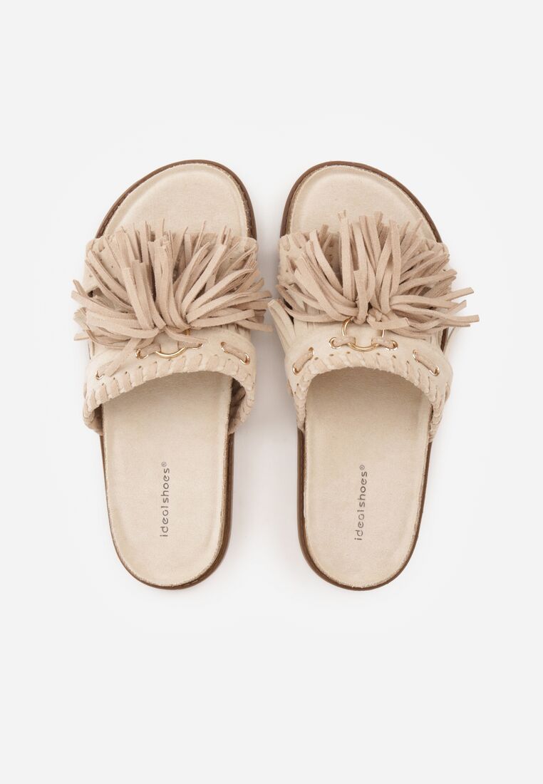 Beżowe Klapki w Stylu Boho Zdobione Frędzlami Stavania 6