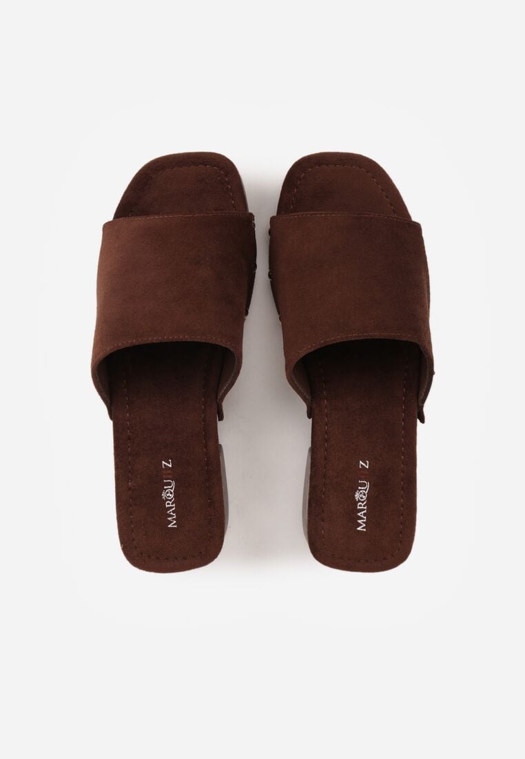 Brązowe Klapki Drewniaki na Słupku Zdobione Nitami Hilencja 6