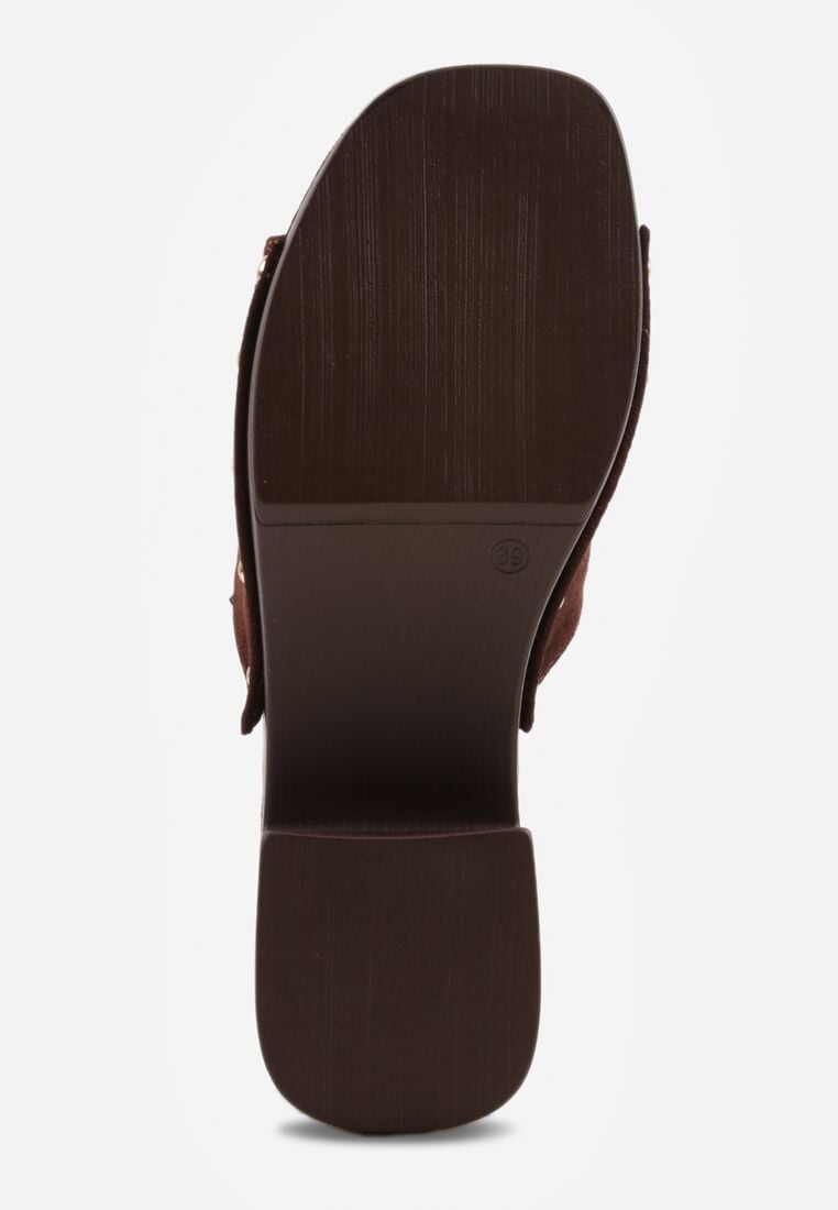 Brązowe Klapki Drewniaki na Słupku Zdobione Nitami Hilencja 7