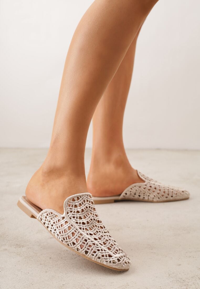 Beżowe Klapki Mule z Ażurową Cholewką Szydełkową Civeza 3
