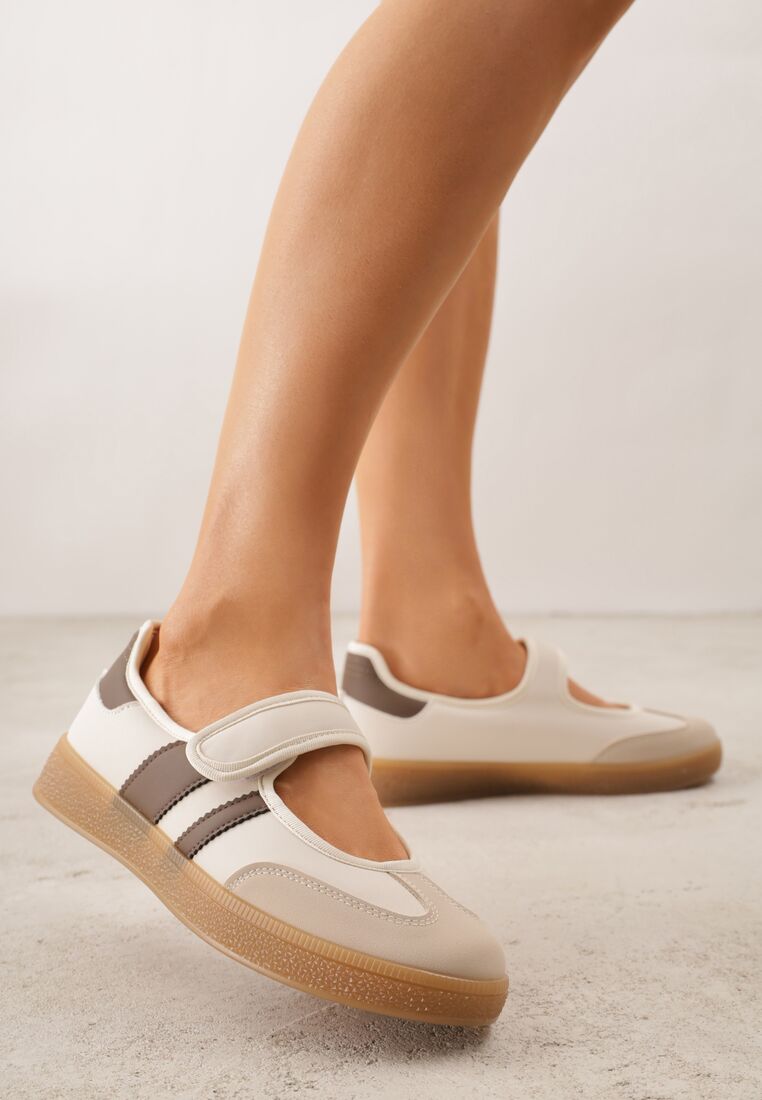 Beżowe Tenisówki w Stylu Balerinek z Zapięciem na Rzep Talwan 1