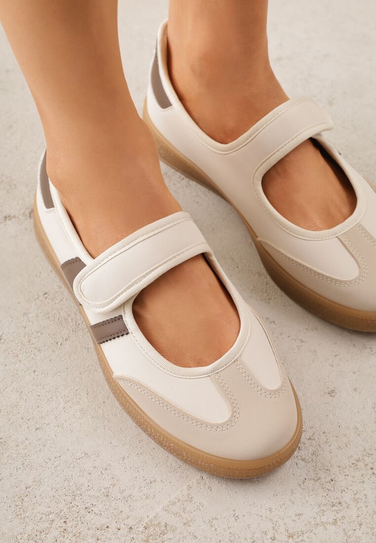 Beżowe Tenisówki w Stylu Balerinek z Zapięciem na Rzep Talwan 3