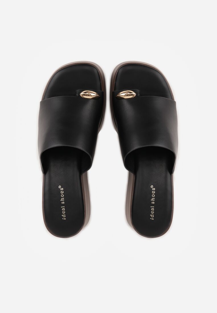 Czarne Klapki Drewniaki na Koturnie z Paskiem na Palec Triajoy 6