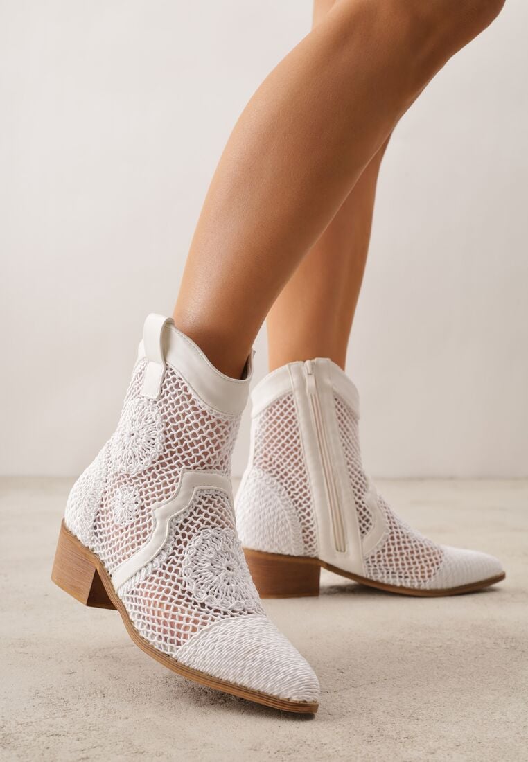 Białe Ażurowe Botki Kowbojki z Haftem na Niskim Obcasie Typu Stożek Bertolina 2