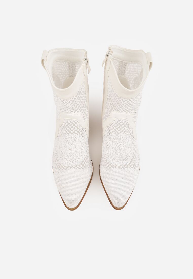 Białe Ażurowe Botki Kowbojki z Haftem na Niskim Obcasie Typu Stożek Bertolina 6