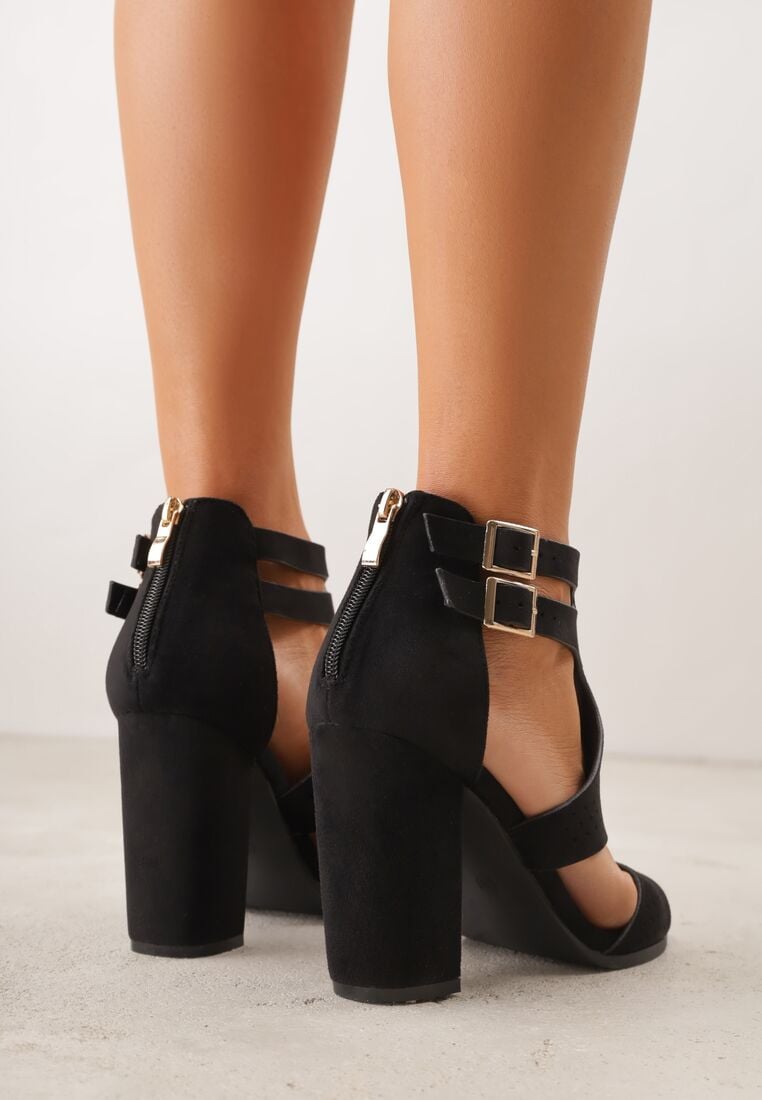 Czarne Sandały na Słupkowym Obcasie Perforacją z Imitacji Zamszu Lyrique 3