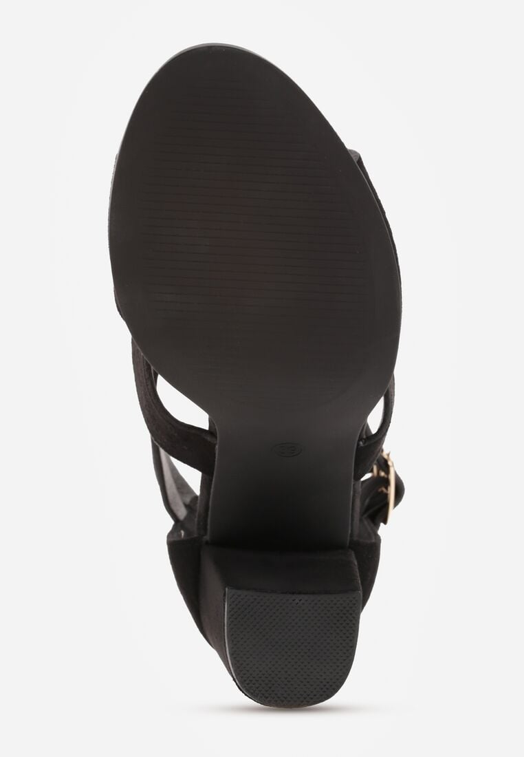 Czarne Sandały na Słupkowym Obcasie Perforacją z Imitacji Zamszu Lyrique 7
