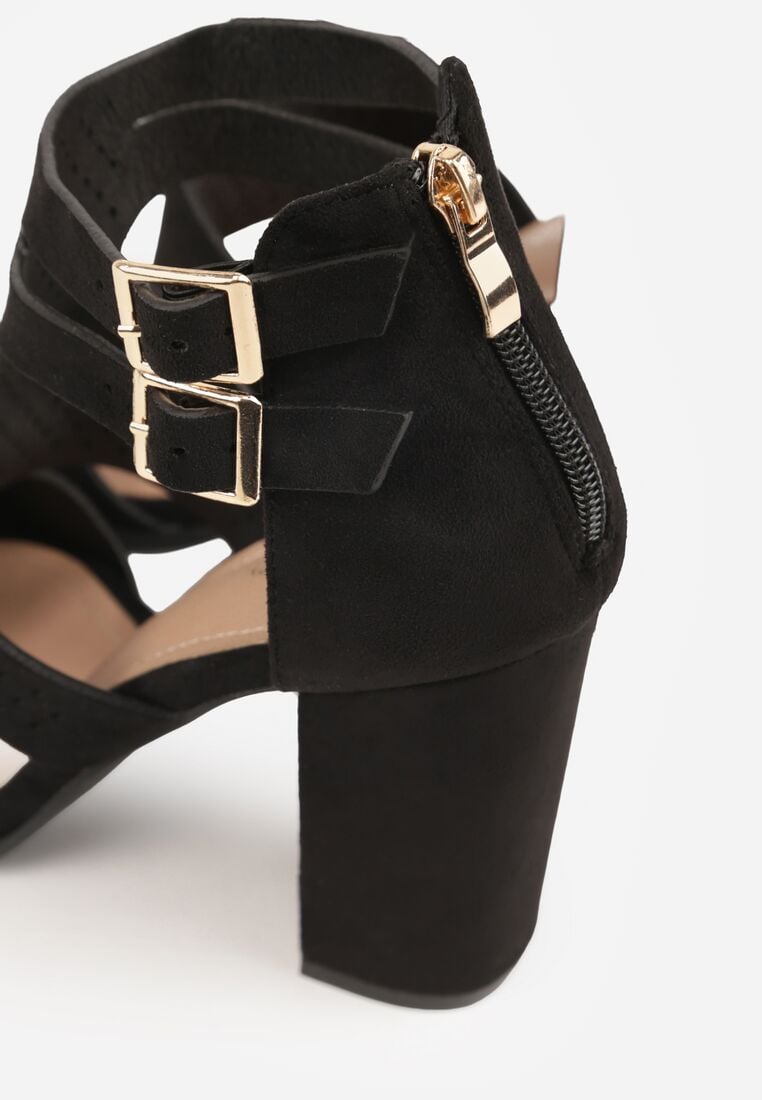 Czarne Sandały na Słupkowym Obcasie Perforacją z Imitacji Zamszu Lyrique 9