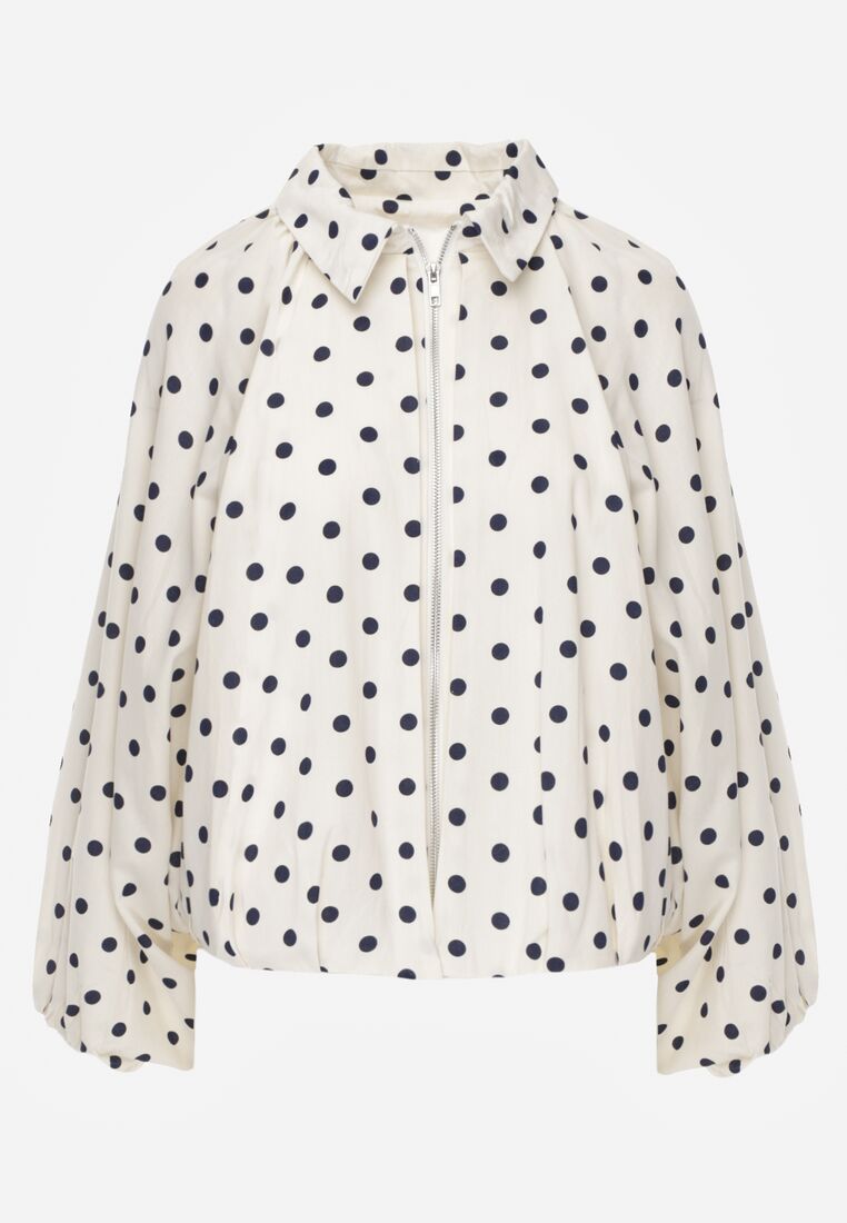 Jasnobeżowa Bluza w Groszki z Wiskozą o Nietoperzowym Kroju z Kołnierzykiem Rayo 6